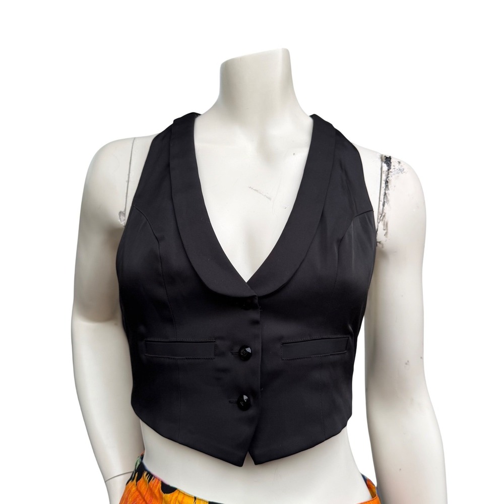 Guess Halter Vest Black‎ Satin Leopard Lining Y2K Mob Wife Indie Sleaze Bling S